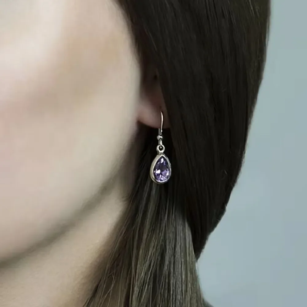 Silver Teardrop Amethyst Purple Zirconia Drop Earrings Crystal Pendant Gemstone